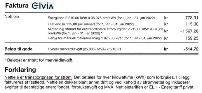 nettleiefaktura fra Elvia kunde januar 2022