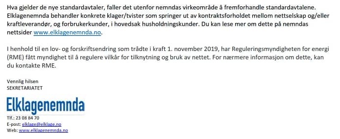 Elklagenemndas svar om ny nettleieavtale