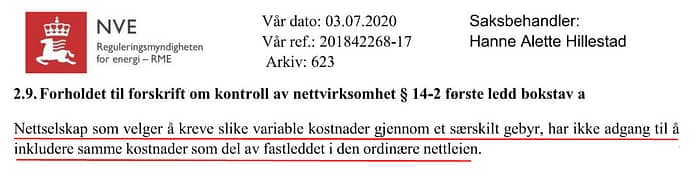 RME svar i brev av 3. juli 2020 om gebyret vs nettleien